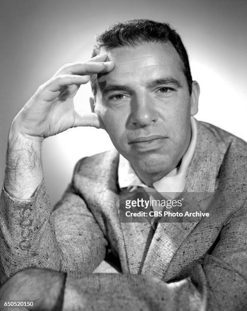 Portrait of jazz drummer and bandleader Buddy Rich. He portrays the character Cozy in the CBS television situation comedy program, Marge and Gower...