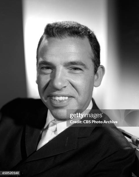 Portrait of jazz drummer and bandleader Buddy Rich. He portrays the character Cozy in the CBS television situation comedy program, Marge and Gower...