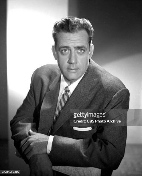 Portrait of Raymond Burr. He portrays the lawyer Perry Mason in the CBS television legal drama Perry Mason. January 1, 1957. Los Angeles, CA.