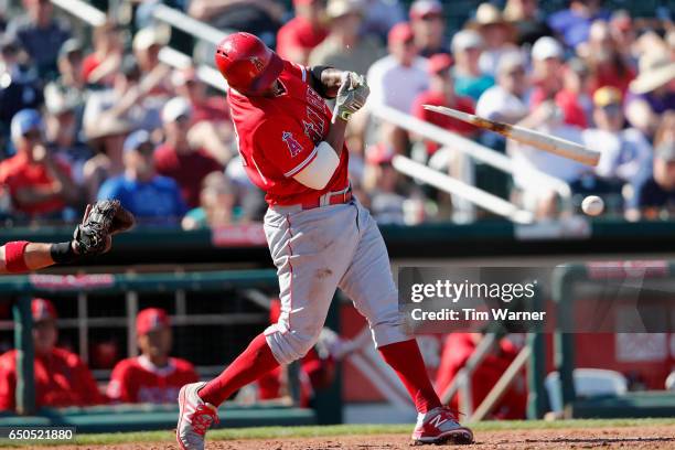 Jefry Marte of the Los Angeles Angels breaks in the sixth inning against the Cleveland Indians during the spring training game at Goodyear Ballpark...