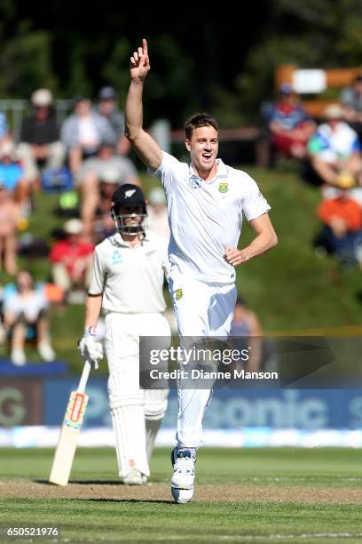 Morne Morkel of South Africa celebrates the dismissal of Jimmy Neesham of New Zealand during day three of the First Test match between New Zealand...