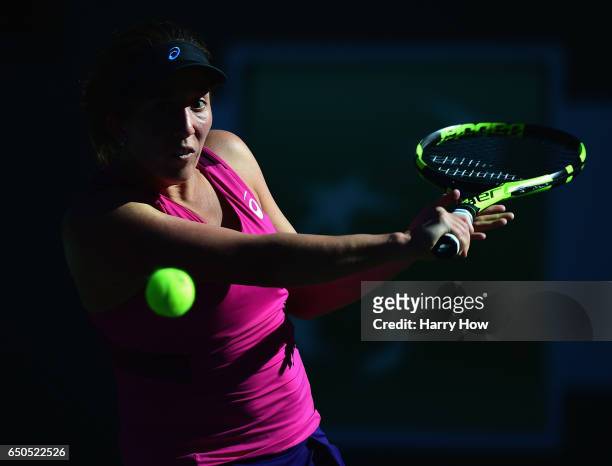 Irina Falconi hits a backhand in her match against Jelena Jankovic of Serbia at Indian Wells Tennis Garden on March 9, 2017 in Indian Wells,...