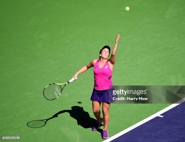 Irina Falconi serves in her match against Jelena Jankovic of Serbia at Indian Wells Tennis Garden on March 9, 2017 in Indian Wells, California.