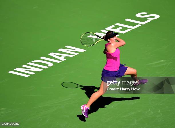 Irina Falconi hits a forehand in her match against Jelena Jankovic of Serbia at Indian Wells Tennis Garden on March 9, 2017 in Indian Wells,...