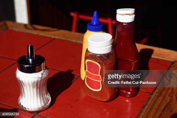 condiment on the table at valparaíso city, chile - salsa sauce 個照片及圖片檔