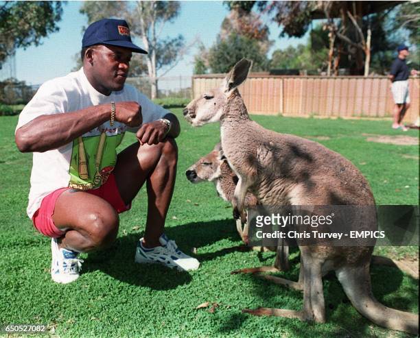 England's Devon Malcolm feeds a kangaroo