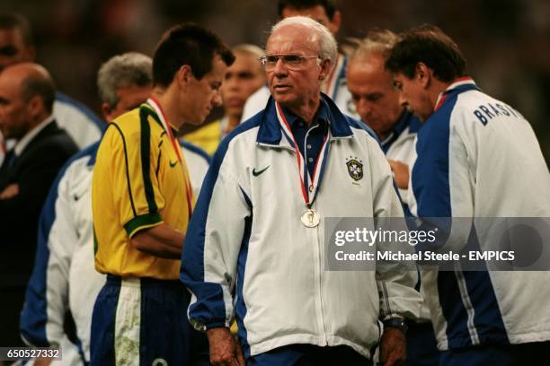 Brazil manager Mario Zagallo shows his disappointment after his team's defeat by France in the World Cup Final