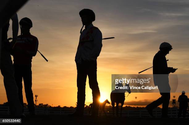 Jockeys Mark Zahra, Brian Higgins and Damien Oliver are seen during jumpout sessions at Flemington Racecourse on March 10, 2017 in Melbourne,...