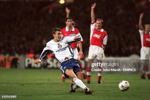 Andriy Shevchenko of Dynamo Kiev scores the equalising goal, which was disallowed for offside