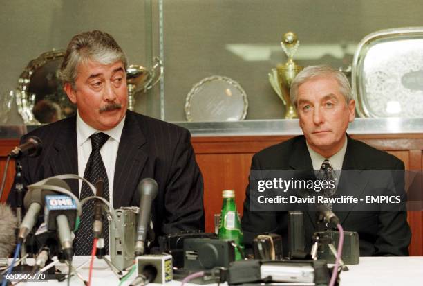 Liverpool chairman David Moores announces the resignation of joint-manager Roy Evans during an emotional press conference at Anfield.