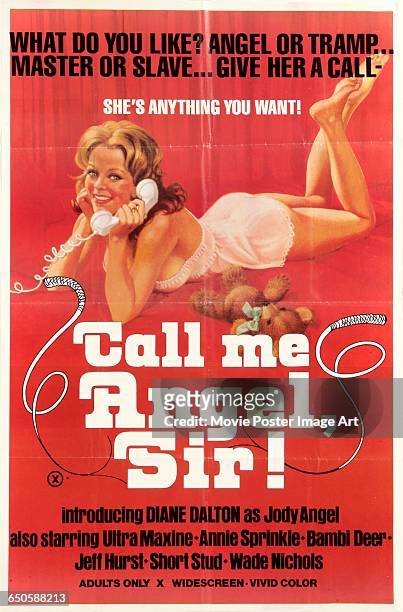 Image contains suggestive content.)A poster for the pornographic film 'Call Me Angel, Sir', introducing Diana Dalton as Jody Angel, 1976. The tagline...