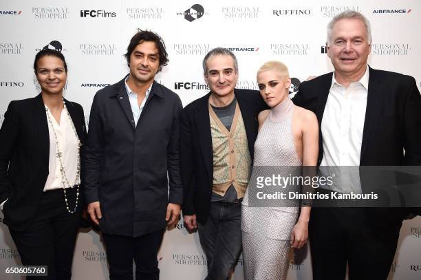 Producer Charles Gillibert and guests pose with Director Olivier Assayas and actress Kristen Stewart at the "Personal Shopper" premiere at Metrograph...