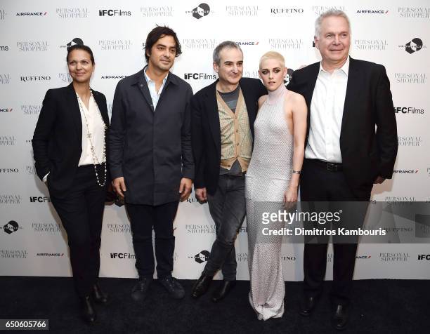 Producer Charles Gillibert and guests pose with Director Olivier Assayas and actress Kristen Stewart at the "Personal Shopper" premiere at Metrograph...