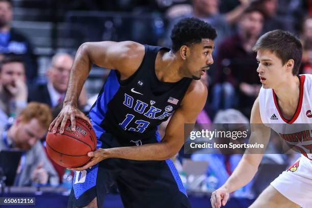 Duke Blue Devils guard Matt Jones during the first half of the 2017 New York Life ACC Tournament third round game between the Louisville Cardinals...