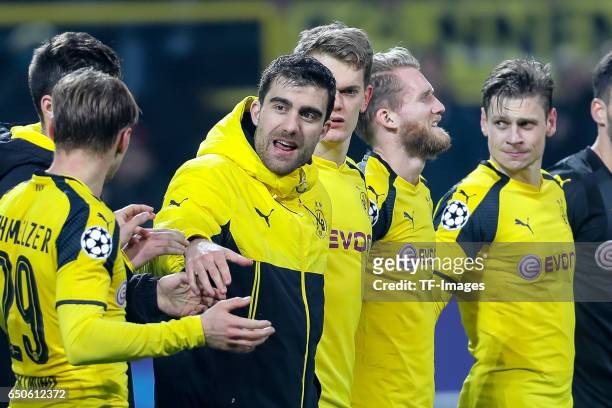 Sokratis of Borussia Dortmund looks on during the UEFA Champions League Round of 16: Second Leg match between Borussia Dortmund and SL Benfica at...