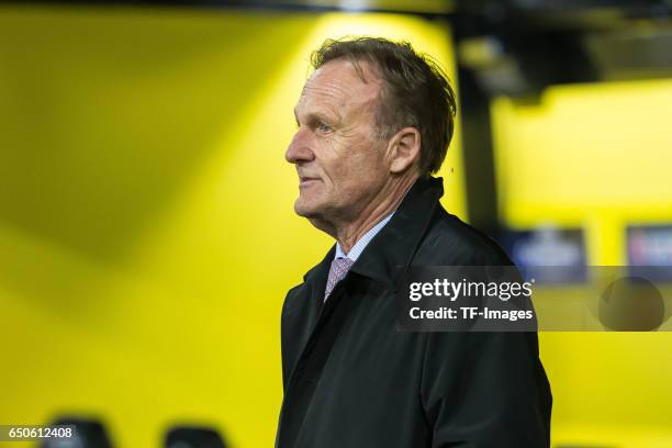 Hans-Joachim Watzke of Borussia Dortmund looks on during the UEFA Champions League Round of 16: Second Leg match between Borussia Dortmund and SL...