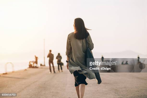 woman enjoying the stunning view of sunset by the harbour - vista posteriore foto e immagini stock