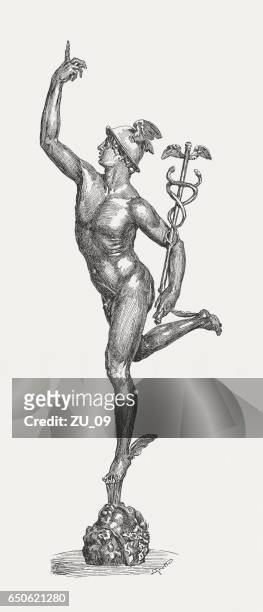 mercury, roman god, created (1580) by giambologna, florenze, published 1884 - mercury god stock illustrations