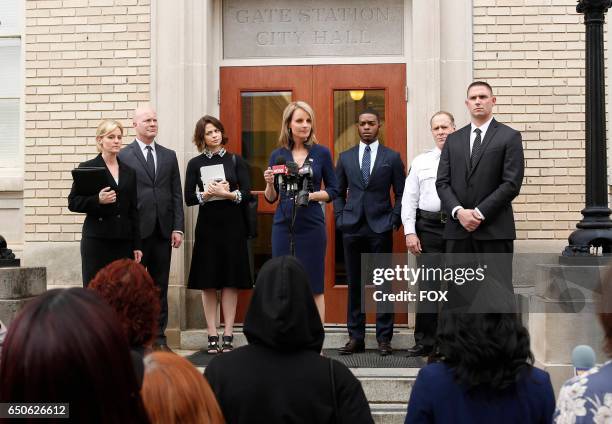 Pictured Center L-R: Conor Leslie, Helen Hunt, Stephan James and Will Patton in the Pilot premiere episode of SHOTS FIRED airing Wednesday, March 22...