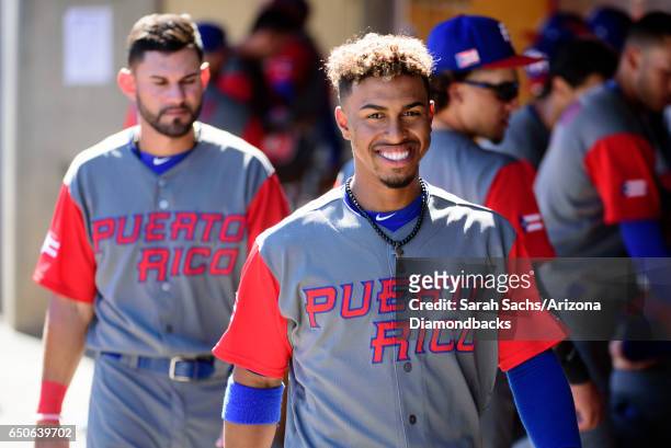 Francisco Lindor of Puerto Rico smiles during an exhibition game against the Colorado Rockies on March 9, 2017 in Scottsdale, Arizona.