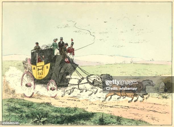 stage coach hurrying on its way to london - stage coach stock illustrations