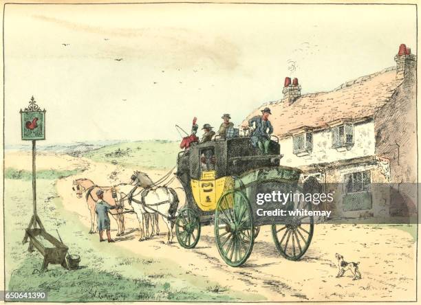 stage coach stopped at a roadside inn - stage coach stock illustrations