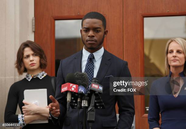 Pictured L-R: Conor Leslie, Stephan James and Helen Hunt in SHOTS FIRED premiering Wednesday, March 22 on FOX.
