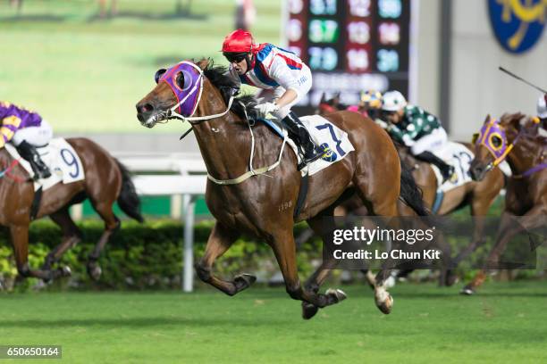 Jockey Neil Callan riding Anticipation wins the Race 10 Bulgari Excellent Handicap at Sha Tin racecourse on October 23, 2016 in Hong Kong, Hong Kong.