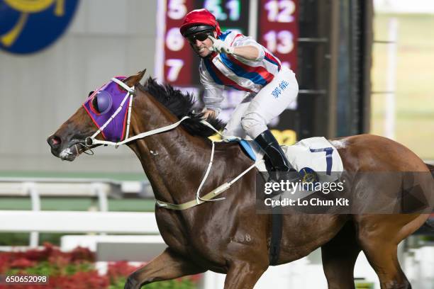 Jockey Neil Callan riding Anticipation wins the Race 10 Bulgari Excellent Handicap at Sha Tin racecourse on October 23, 2016 in Hong Kong, Hong Kong.