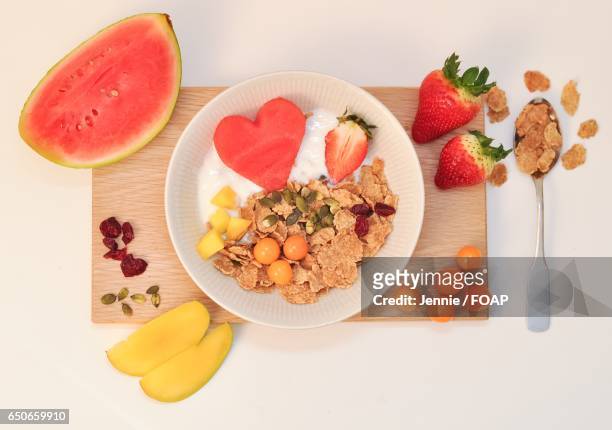 fruits and breakfast cereal for breakfast - cranberry heart stock pictures, royalty-free photos & images