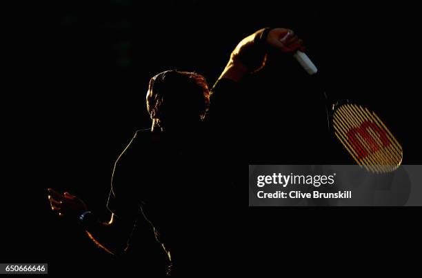 Roger Federer of Switzerland in action during a practice session on day four of the BNP Paribas Open at Indian Wells Tennis Garden on March 9, 2017...