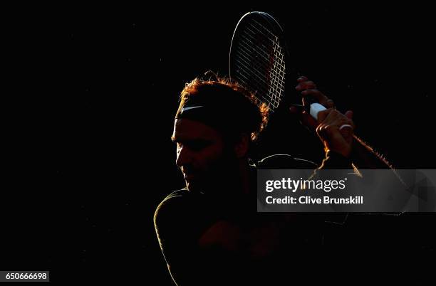 Roger Federer of Switzerland in action during a practice session on day four of the BNP Paribas Open at Indian Wells Tennis Garden on March 9, 2017...