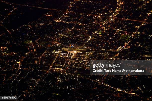 himeji city, night aerial view from airplane - himeji central park stock pictures, royalty-free photos & images