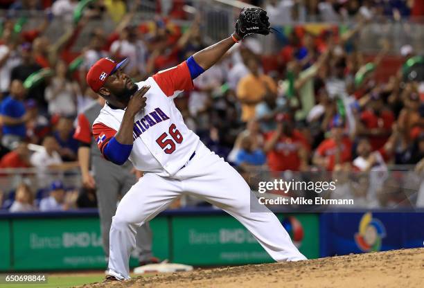 Fernando Rodney of the Dominican Republic reacts to the crowd during a Pool C game of the 2017 World Baseball Classic against Canada at Miami Marlins...