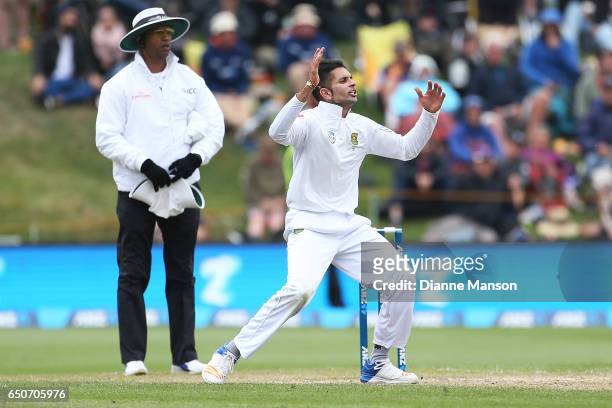 Keshav Maharaj of South Africa reacts during day three of the First Test match between New Zealand and South Africa at University Oval on March 10,...