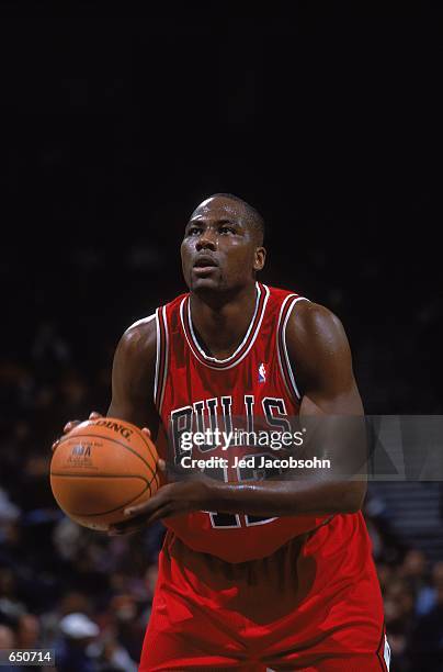 Elton Brand of the Chicago Bulls sets to make a free throw during the game against the Golden State Warriors at the Network Associates Stadium in...