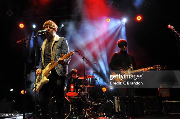 Martin Cunliffe, Aidan Butler and Michael Bishop of Ravellas perform on stage at Koko on March 9, 2017 in London, United Kingdom.