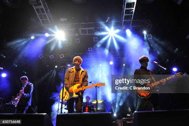 Jon Coe, Martin Cunliffe, Aidan Butler and Michael Bishop of Ravellas perform on stage at Koko on March 9, 2017 in London, United Kingdom.