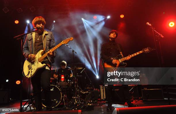 Martin Cunliffe, Aidan Butler and Michael Bishop of Ravellas perform on stage at Koko on March 9, 2017 in London, United Kingdom.