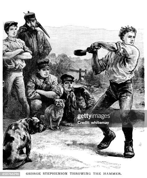 george stephenson throwing the hammer - george stephenson stock illustrations