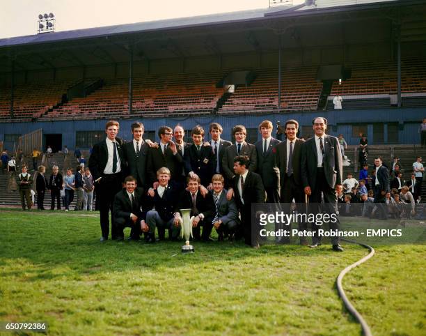 Newcastle United pose with the Inter Cities Fairs Cup, which they won by beating Ujpest Dozsa 6-2 on aggregate. Back row, l-r Ollie Burton, Tommy...