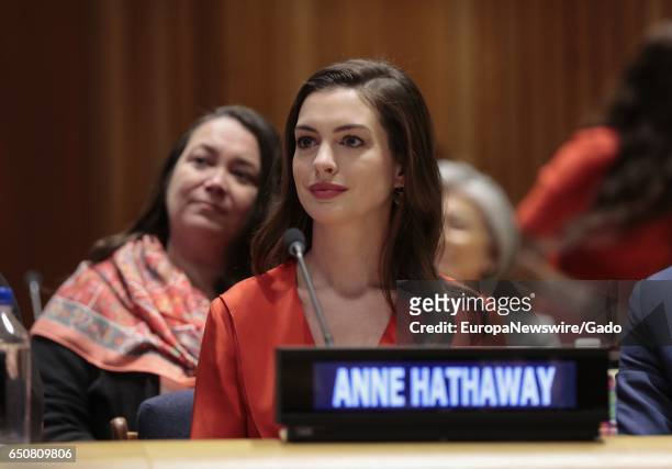 Anne Hathaway, UN Women Global Goodwill Ambassador, during the Observance of International Women's Day at UN headquarters in New York, under the...