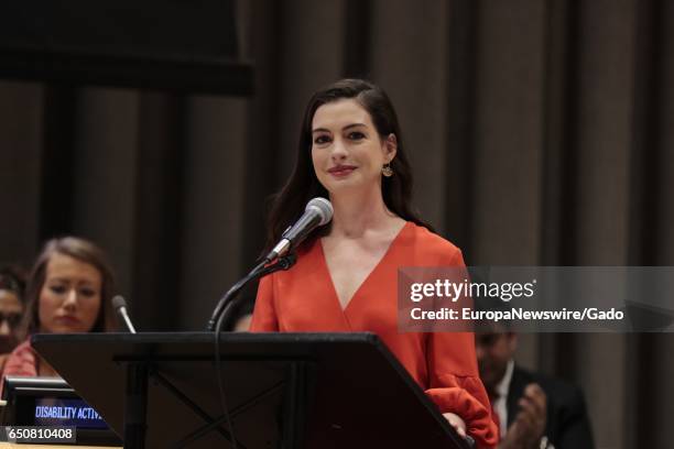 Anne Hathaway, UN Women Global Goodwill Ambassador, during the Observance of International Women's Day at UN headquarters in New York, under the...