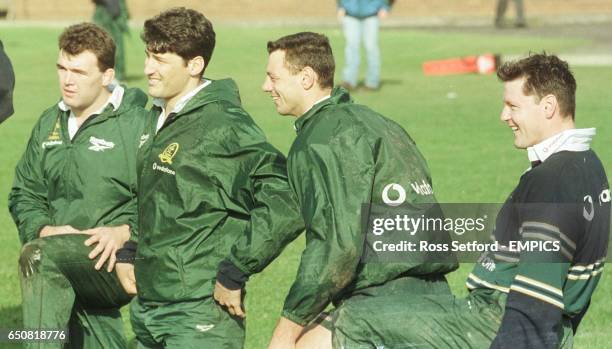 Australia's Owen Finegan, left, John Eales, Matthew Cockbain and Matthew Burke at training in Cardiff, Wednesday as they prepare for Saturdays Rugby...