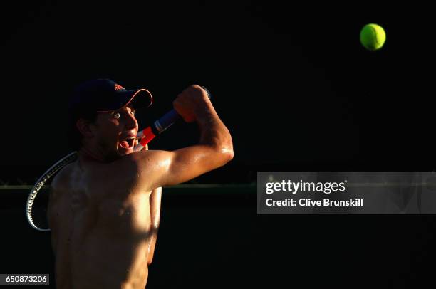 Dominic Thiem of Austria in action during a practice session on day four of the BNP Paribas Open at Indian Wells Tennis Garden on March 9, 2017 in...