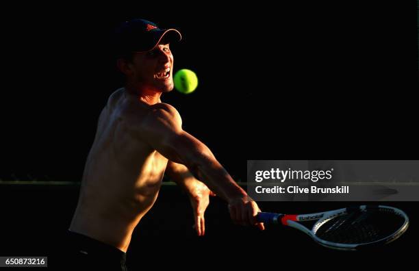 Dominic Thiem of Austria in action during a practice session on day four of the BNP Paribas Open at Indian Wells Tennis Garden on March 9, 2017 in...