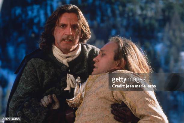 French actor Daniel Auteuil and Swiss actor Vincent Perez on the set of "Le Bossu", by French director, screenwriter, producer and actor Philippe De...