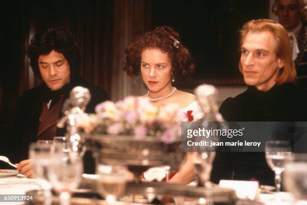 French actor Georges Corraface, Australian actress Judy Davis and British actor Julian Sands on the set of "Impromptu", by American director and...