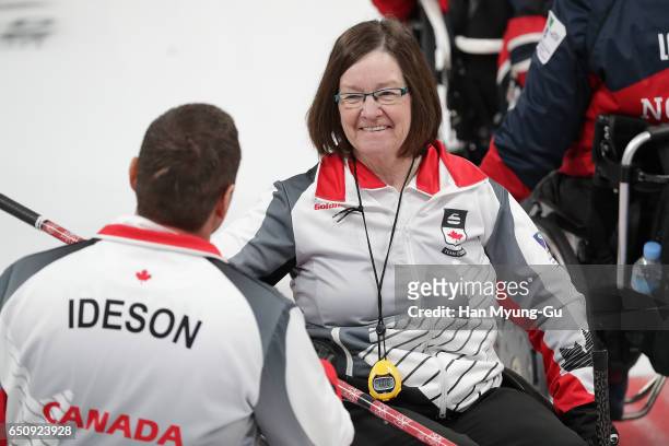 Marie Wright from Canada reacts during the World Wheelchair Curling Championship 2017 - test event for PyeongChang 2018 Winter Olympic Games at...