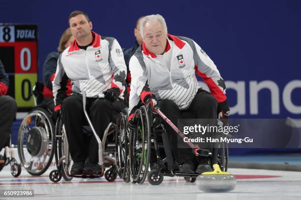 Jim Armstrong from Canada delivers a stone during the World Wheelchair Curling Championship 2017 - test event for PyeongChang 2018 Winter Olympic...